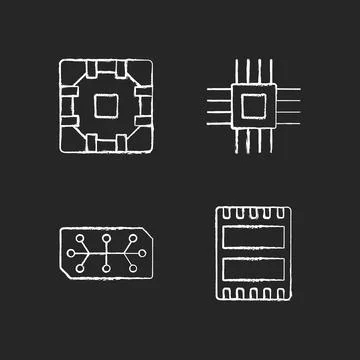 Microcircuits chalk white icons set on black background Stock Illustration