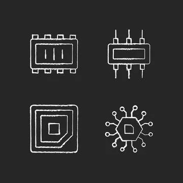 Microcircuits chalk white icons set on black background Stockillustratie