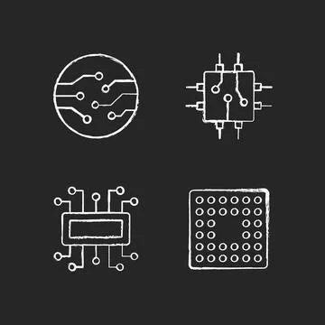 Microcircuits chalk white icons set on black background Stockillustratie