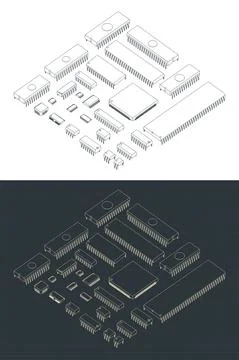 Microcircuits isometric blueprints Stock Illustration