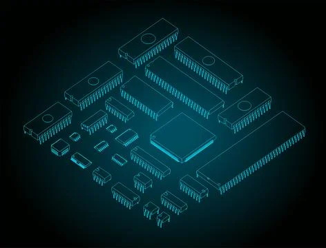 Microcircuits isometric blueprints Stock Illustration