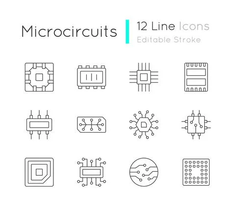 Microcircuits linear icons set Stock Illustration