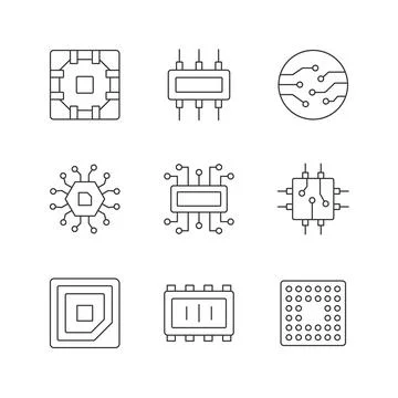 Microcircuits linear icons set Stock Illustration