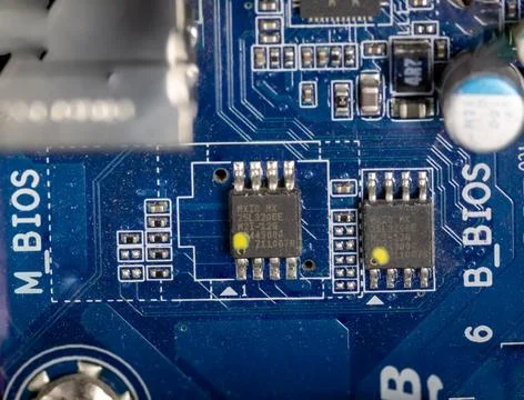 Microcircuits on a motherboard in a personal computer Stock Photos