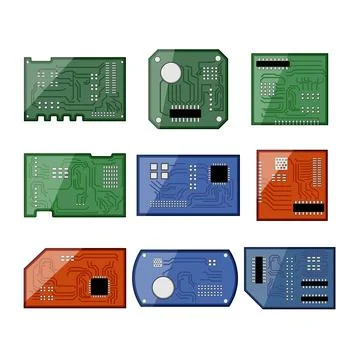 Microcontroller set cartoon vector illustration Stock Illustration