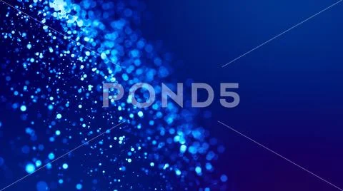 Microcosm. Glow blue particles on blue background are hanging in air for bright Stock Photos