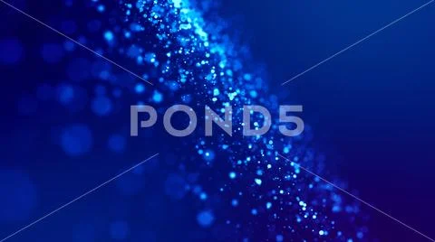 Microcosm. Glow blue particles on blue background are hanging in air for bright Stock Photos