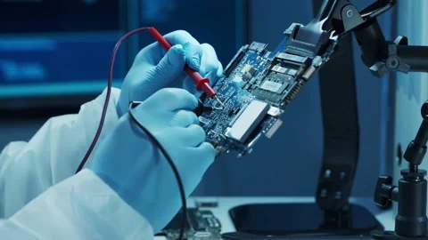 Microelectronics engineer works in a modern scientific laboratory on computing Stock Footage 149433317