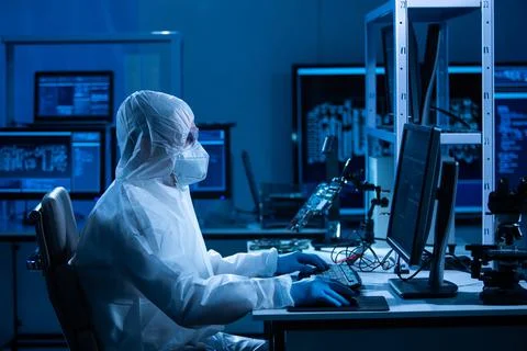 Microelectronics engineer works in a modern scientific laboratory on computing Stockfoto's