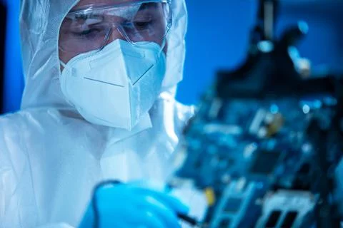 Microelectronics engineer works in a modern scientific laboratory on computing Stockfoto's