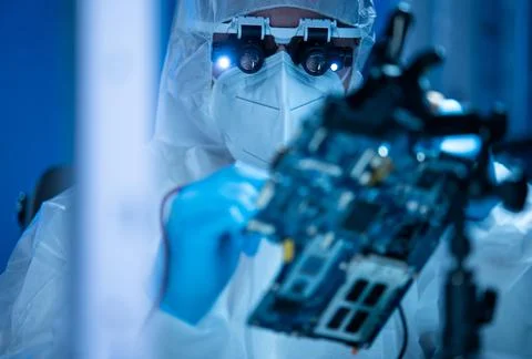 Microelectronics engineer works in a modern scientific laboratory on computing 스톡 사진