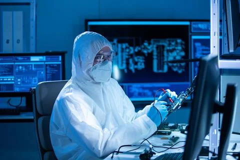 Microelectronics engineer works in a modern scientific laboratory on computing Stock Photos