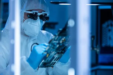 Microelectronics engineer works in a modern scientific laboratory on computing Stockfoto's