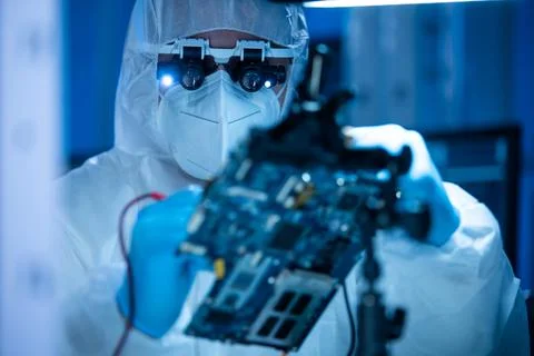 Microelectronics engineer works in a modern scientific laboratory on computing Stockfoto's