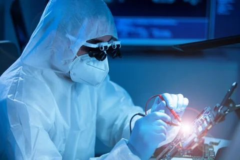 Microelectronics engineer works in a modern scientific laboratory on computing Stock-Fotos