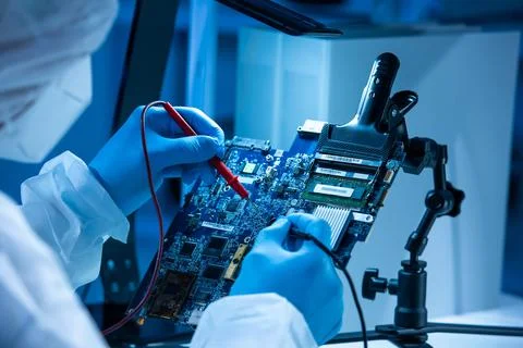 Microelectronics engineer works in a modern scientific laboratory on computing 库存照片