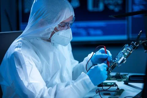 Microelectronics engineer works in a modern scientific laboratory on computing 스톡 사진