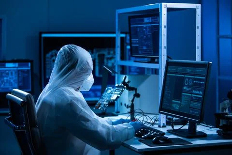 Microelectronics engineer works in a modern scientific laboratory on computing 스톡 사진