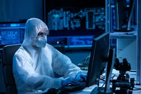 Microelectronics engineer works in a modern scientific laboratory on computing 스톡 사진
