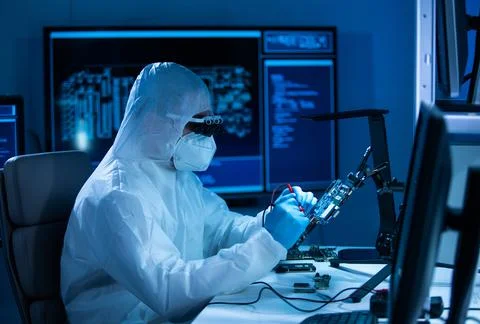 Microelectronics engineer works in a modern scientific laboratory on computing 写真素材
