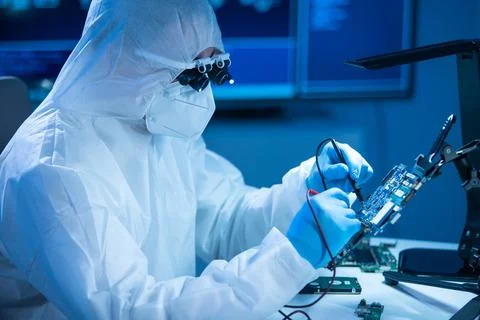 Microelectronics engineer works in a modern scientific laboratory on computing Stock-Fotos