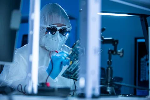 Microelectronics engineer works in a modern scientific laboratory on computing Stock-Fotos