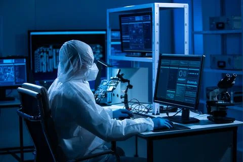 Microelectronics engineer works in a modern scientific laboratory on computing Stockfoto's