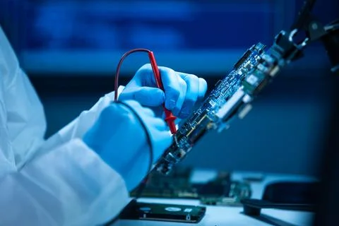 Microelectronics engineer works in a modern scientific laboratory on computing Stock Photos