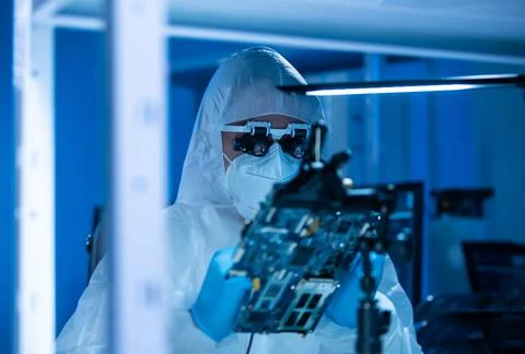 Microelectronics engineer works in a modern scientific laboratory on computing Stockfoto's