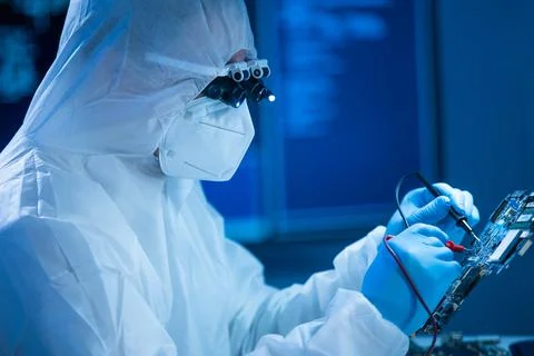 Microelectronics engineer works in a modern scientific laboratory on computing 스톡 사진