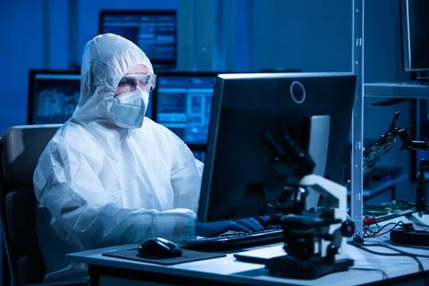 Microelectronics engineer works in a modern scientific laboratory on computing 库存照片