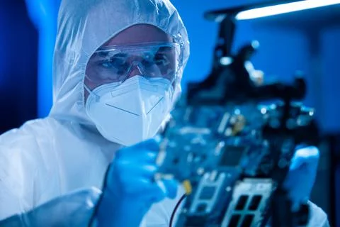 Microelectronics engineer works in a modern scientific laboratory on computing 库存照片