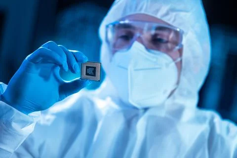 Microelectronics engineer works in a modern scientific laboratory on computing Stockfoto's