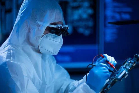 Microelectronics engineer works in a modern scientific laboratory on computing 스톡 사진