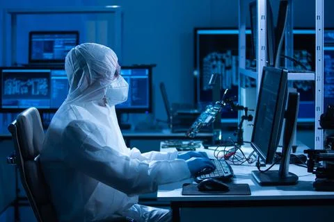 Microelectronics engineer works in a modern scientific laboratory on computing 写真素材