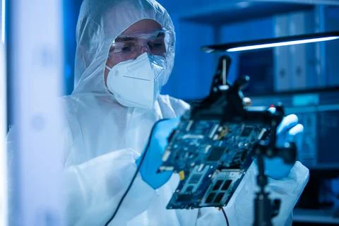 Microelectronics engineer works in a modern scientific laboratory on computing 스톡 사진