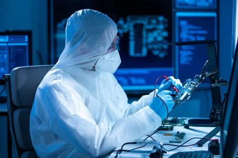 Microelectronics engineer works in a modern scientific laboratory on computing Stock Photos