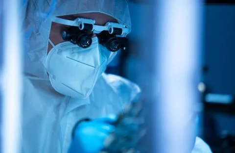 Microelectronics engineer works in a modern scientific laboratory on computing 写真素材