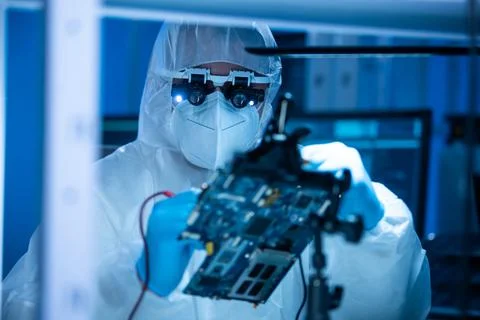 Microelectronics engineer works in a modern scientific laboratory on computing 写真素材