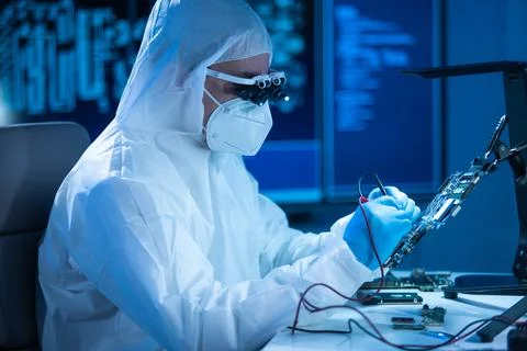 Microelectronics engineer works in a modern scientific laboratory on computing 写真素材