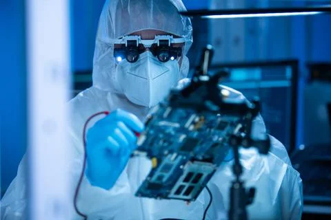 Microelectronics engineer works in a modern scientific laboratory on computing 库存照片