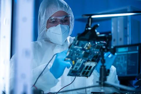 Microelectronics engineer works in a modern scientific laboratory on computing Stock Photos