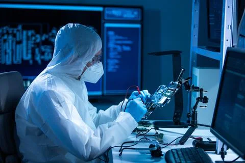 Microelectronics engineer works in a modern scientific laboratory on computing Stockfoto's