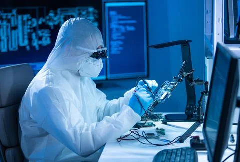 Microelectronics engineer works in a modern scientific laboratory on computing Stock-Fotos