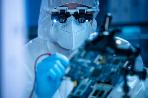 Microelectronics engineer works in a modern scientific laboratory on computing Foto stock