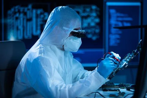 Microelectronics engineer works in a modern scientific laboratory on computing 스톡 사진