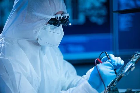 Microelectronics engineer works in a modern scientific laboratory on computing Stockfoto's