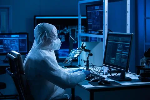 Microelectronics engineer works in a modern scientific laboratory on computing 写真素材