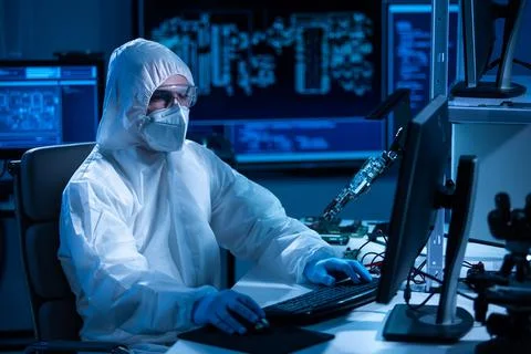 Microelectronics engineer works in a modern scientific laboratory on computing 스톡 사진