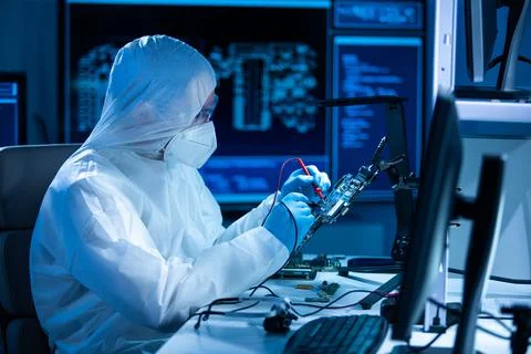 Microelectronics engineer works in a modern scientific laboratory on computing Stockfoto's